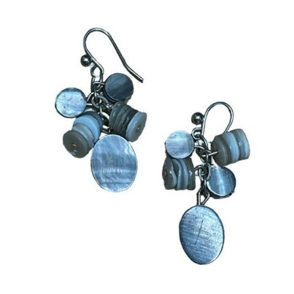 Vintage 90s Abalone Shell Beaded Earrings Off White Black Silver Tone Metal